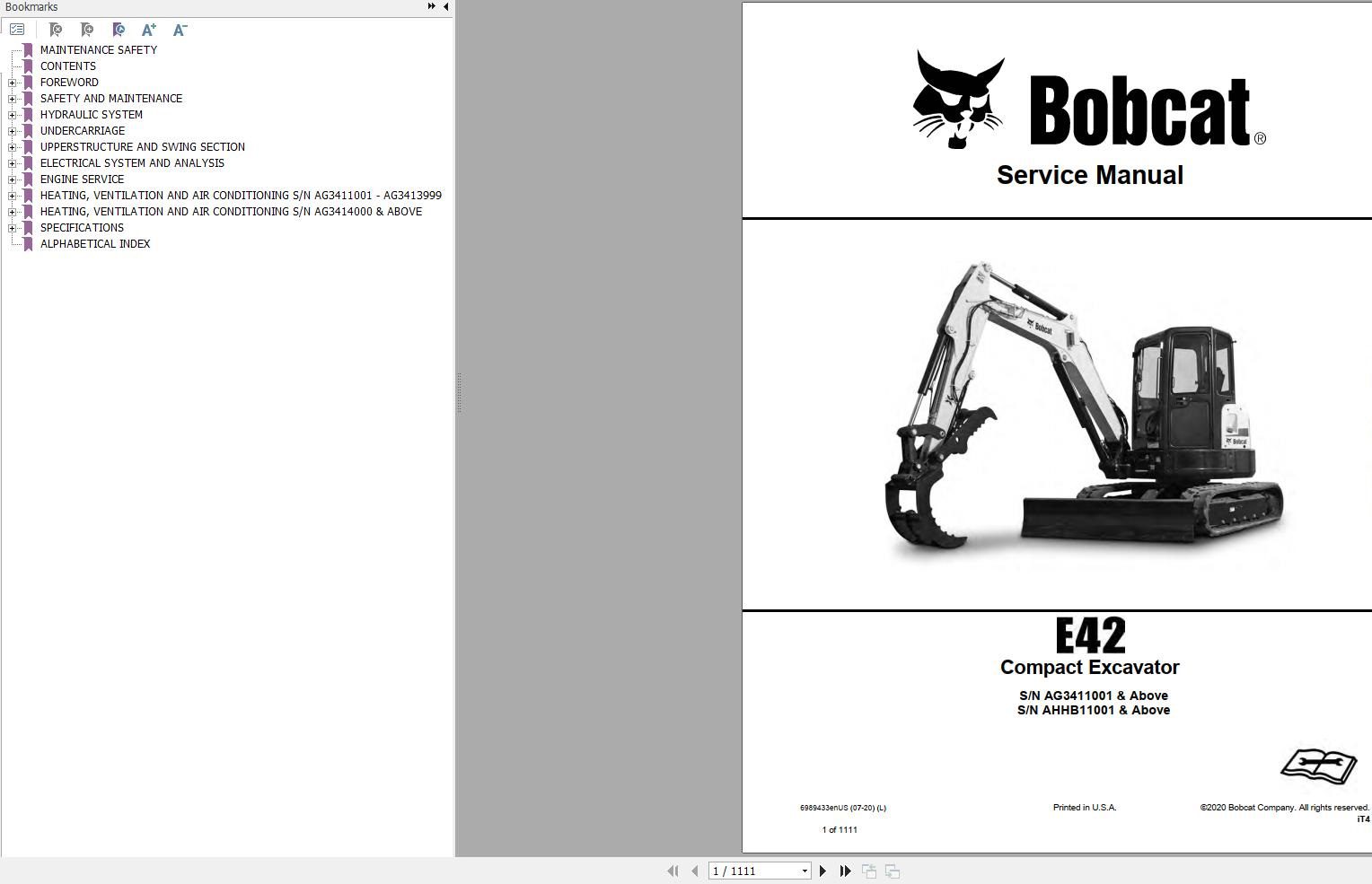 Bobcat Compact Excavator E42 Service Manual 2020