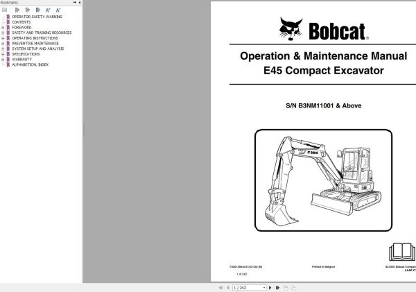 Bobcat Compact Excavator E45 Operation and Maintenance Manual 2020