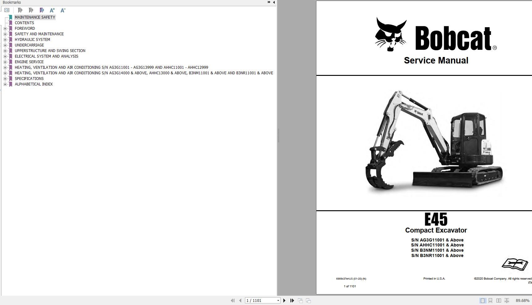 Bobcat Compact Excavator E45 Service Manual 6989437 2020