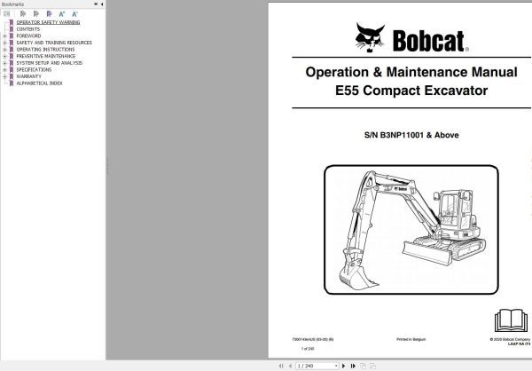 Bobcat Compact Excavator E55 Operation and Maintenance Manual 2020