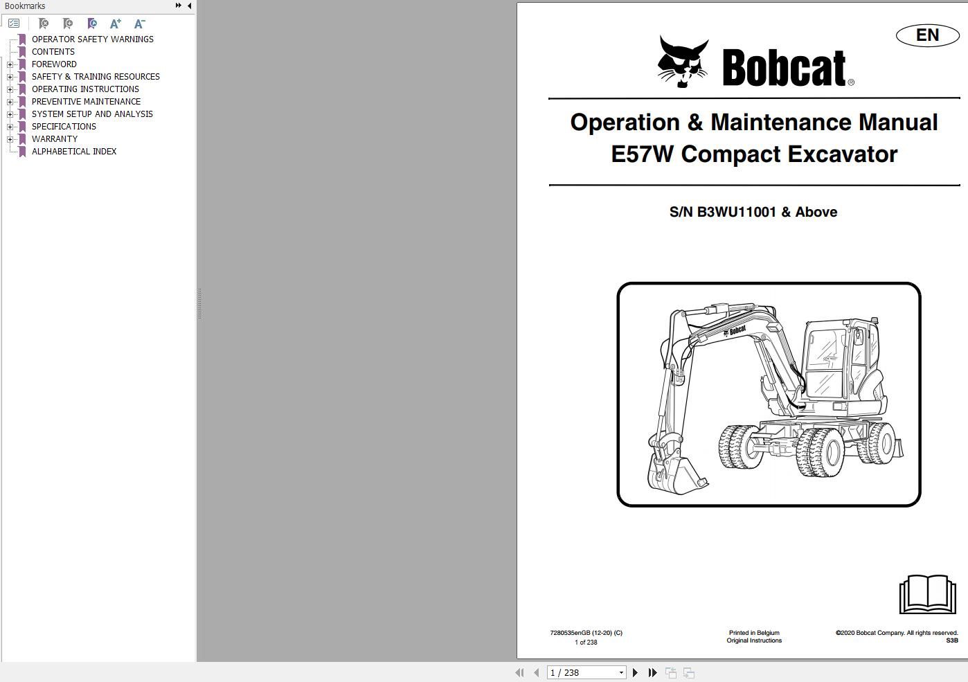 Bobcat Compact Excavator E57w Operation and Maintenance Manual 7280535 2020