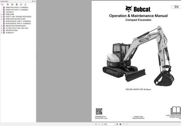 Bobcat Compact Excavator E60 Operation and Maintenance Manual 7407586 2021