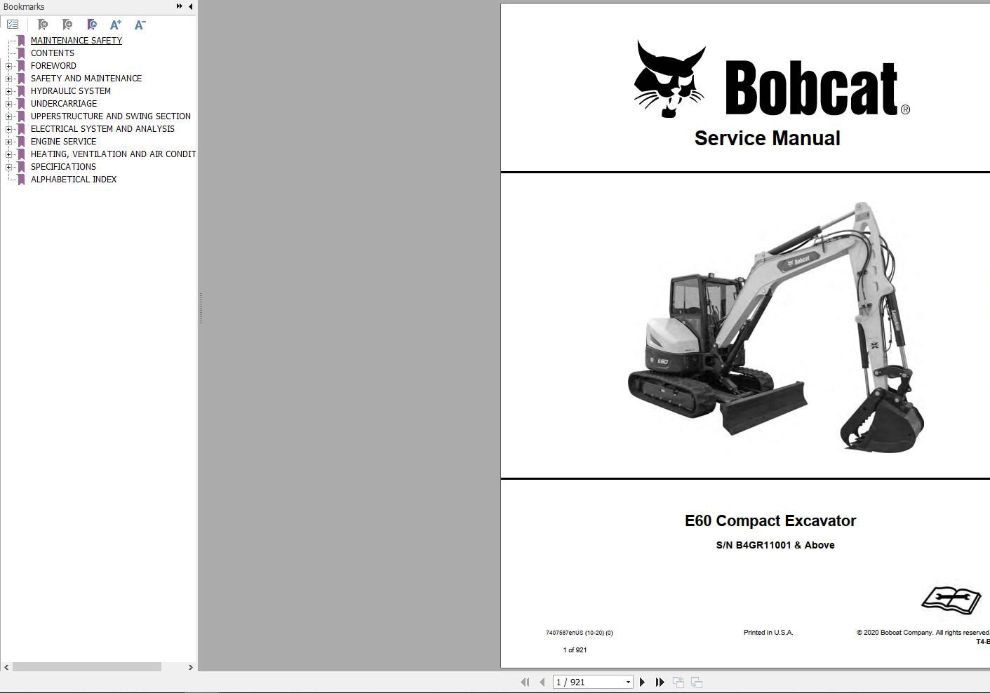 Bobcat Compact Excavator E60 Service Manual 7407587 2020