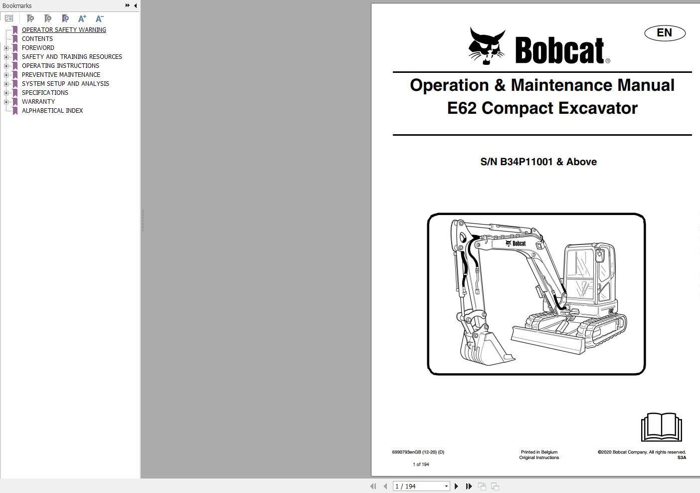 Bobcat Compact Excavator E62 Operation and Maintenance Manual 6990793 2020