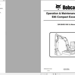 Bobcat Compact Excavator E85 Operation and Maintenance Manual 2020