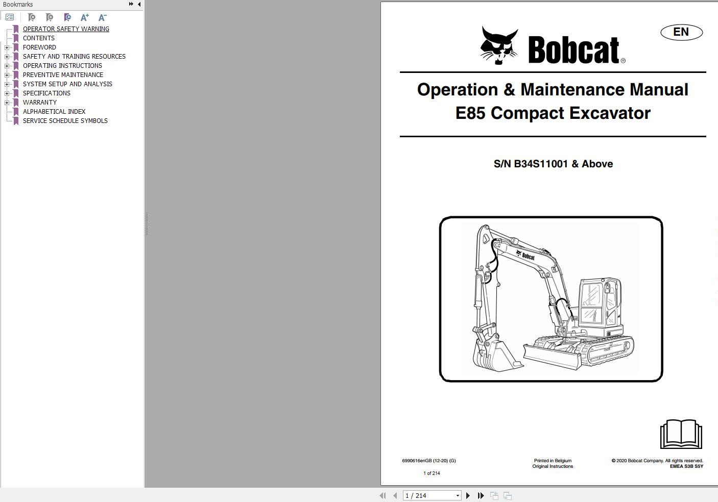 Bobcat Compact Excavator E85 Operation and Maintenance Manual 2020