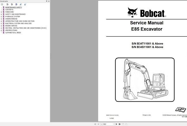 Bobcat Compact Excavator E85 Service Manual 2020