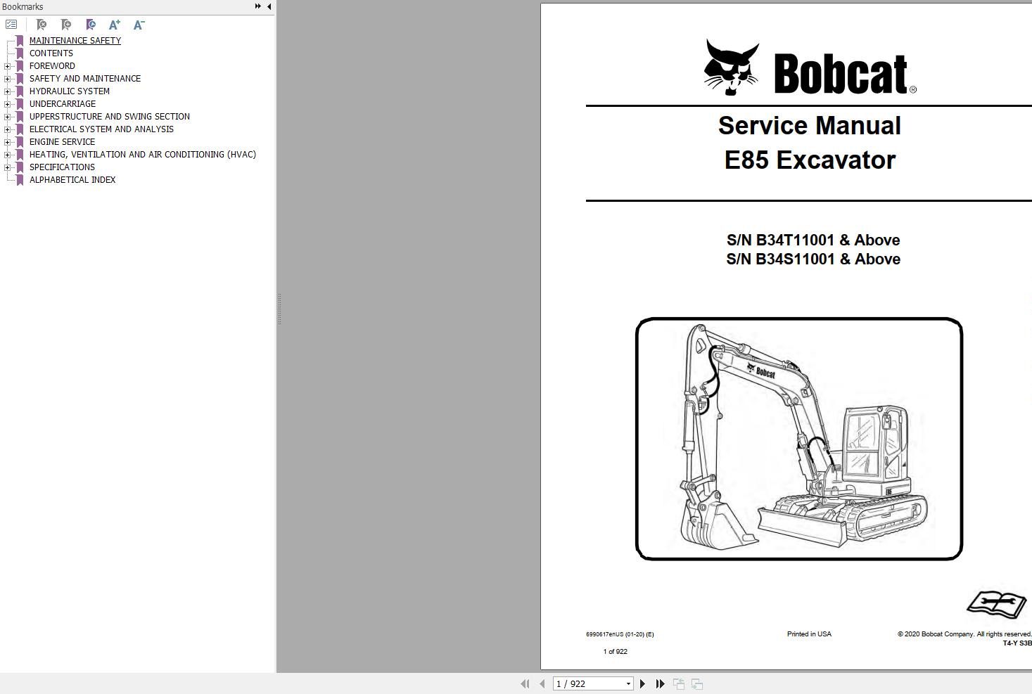 Bobcat Compact Excavator E85 Service Manual 2020