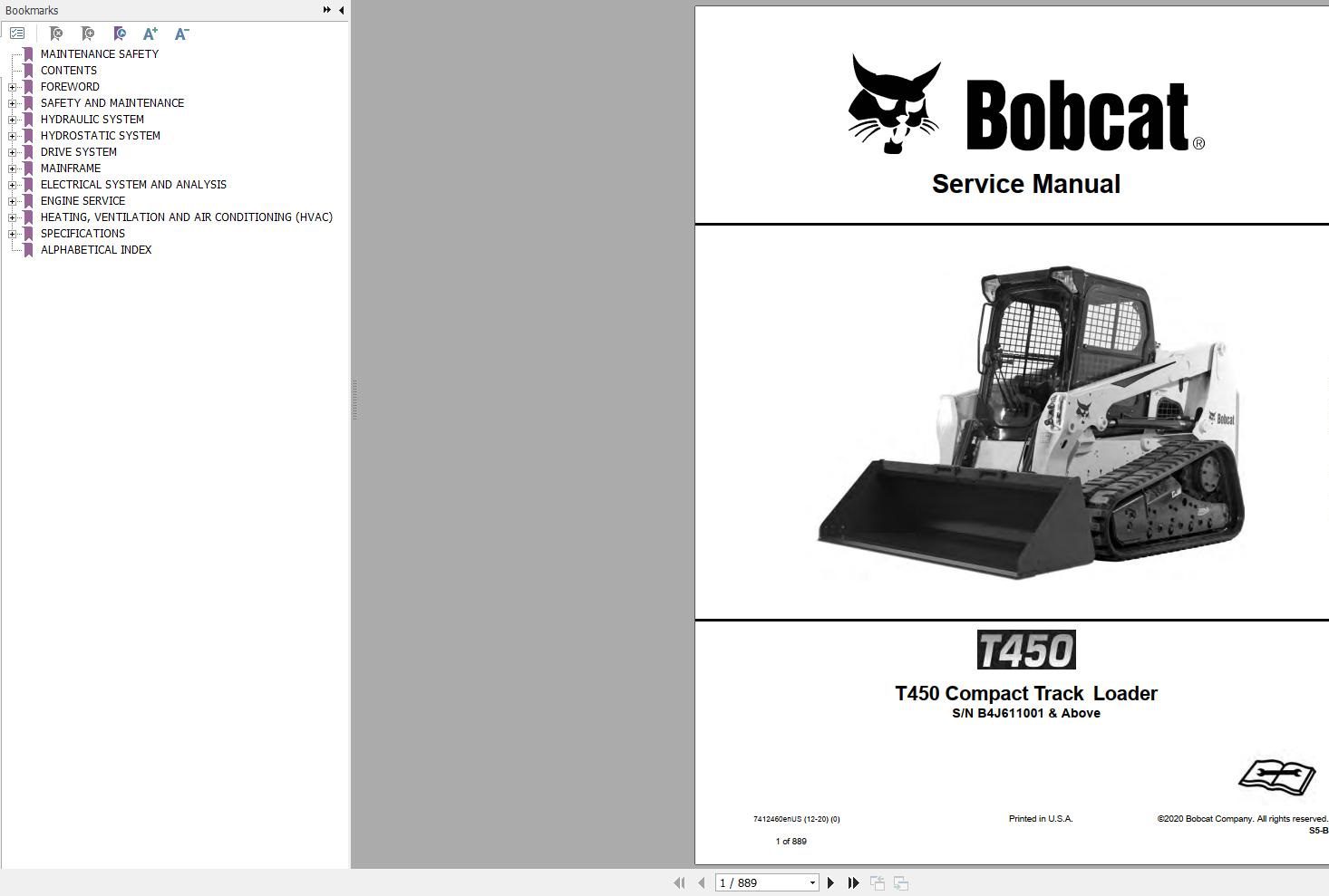 Bobcat Compact Track Loader T450 Service Manual 7412460 2020