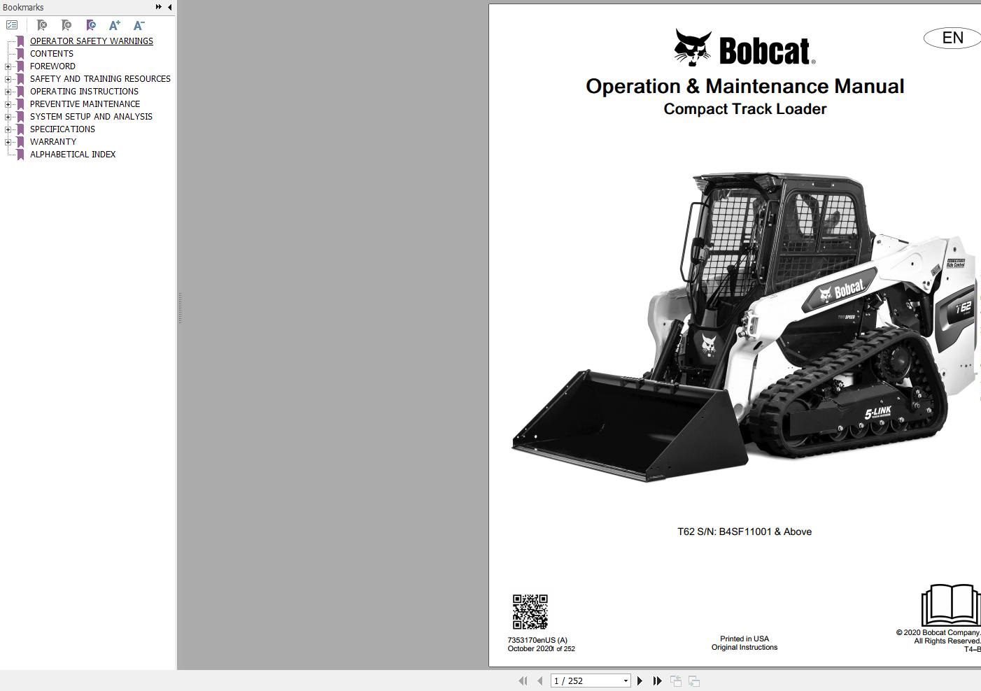 Bobcat Compact Track Loader T62 Operation and Maintenance Manual 7353170 2020