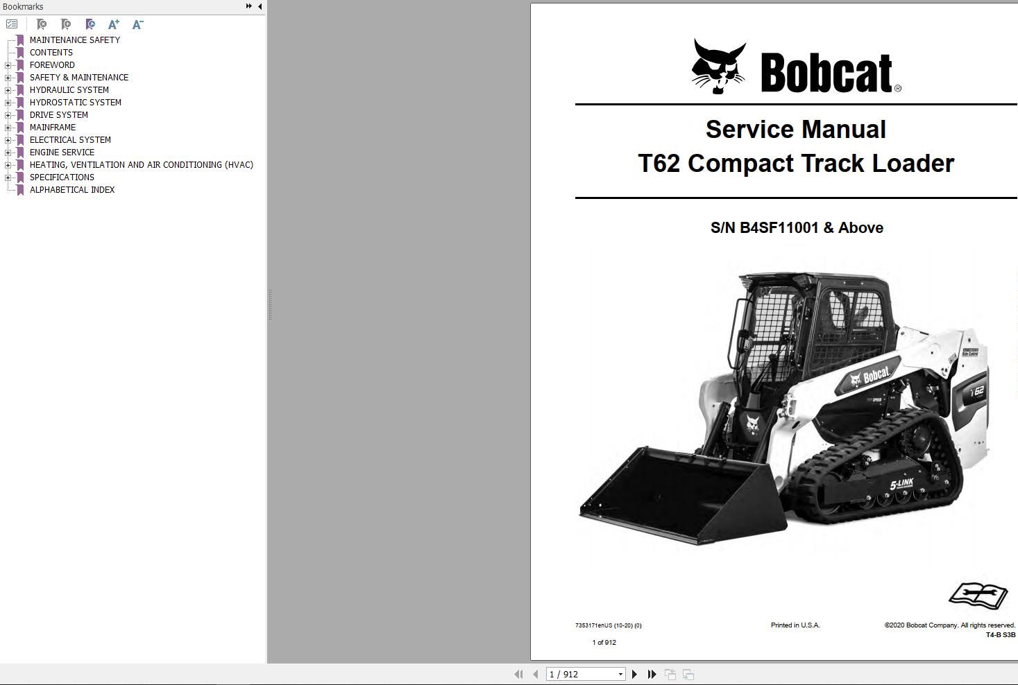 Bobcat Compact Track Loader T62 Service Manual 7353171 2020