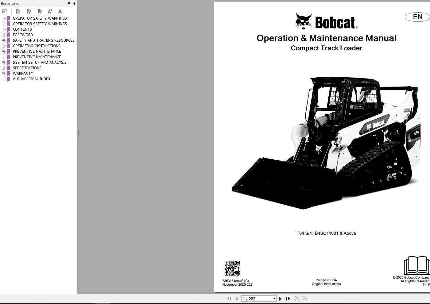 Bobcat Compact Track Loader T64 Operation and Maintenance Manual 7353164 2020
