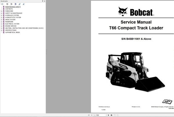 Bobcat Compact Track Loader T66 Service Manual 2020