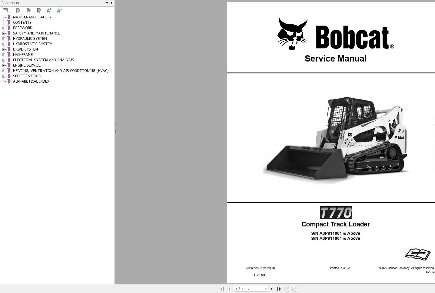 Bobcat Compact Track Loader T770 Service Manual 6989476 2020
