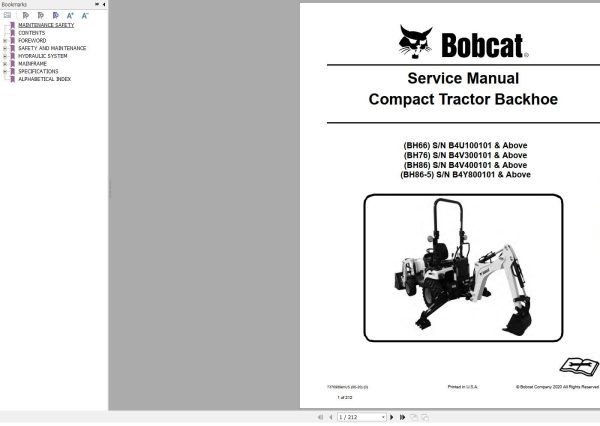 Bobcat Compact Tractor Backhoe BH66 BH76 BH86 BH86 5 Service Manual 7376989 06.2020