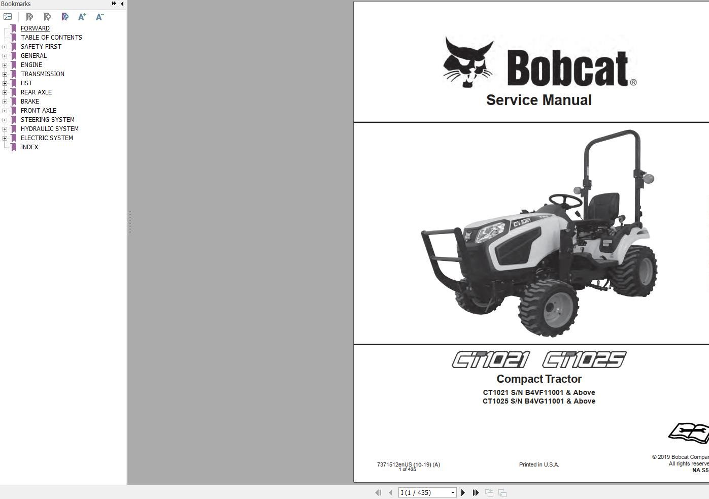 Bobcat Compact Tractor CT1021 CT1025 Service Manual