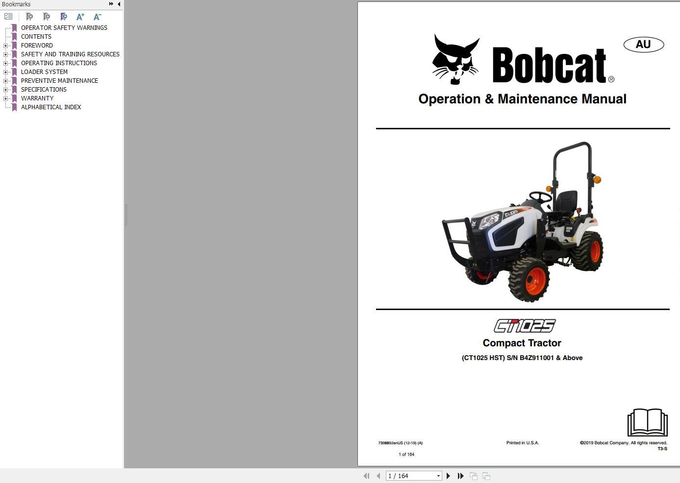 Bobcat Compact Tractor CT1025 Operation and Maintenance Manual