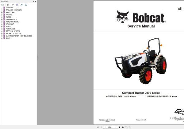 Bobcat Compact Tractor CT2035 CT2040 Service Manual 7398896 2019