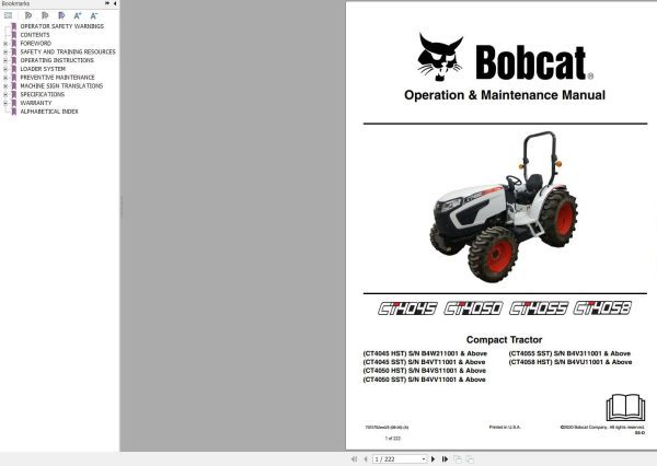 Bobcat Compact Tractor CT4045 CT4050 CT4055 CT4058 Operation and Maintenance Manual 7372752 2020 1