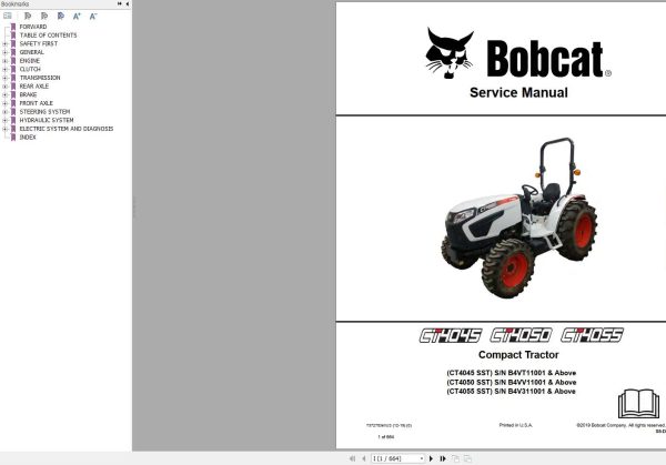 Bobcat Compact Tractor CT4045 CT4050 CT4055 Service Manual 7372753 2019