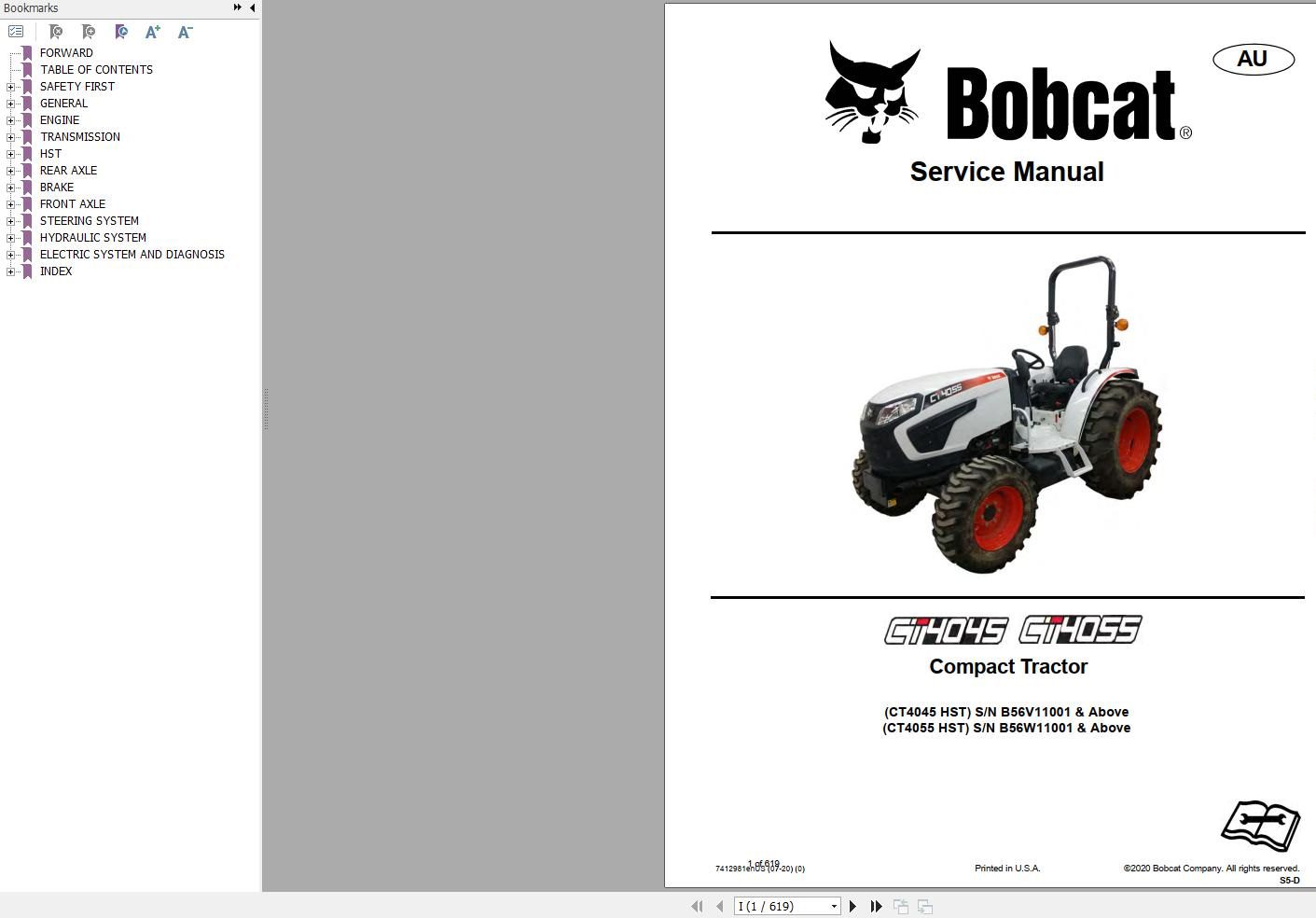 Bobcat Compact Tractor CT4045 CT4055 Service Manual 7412981 2020