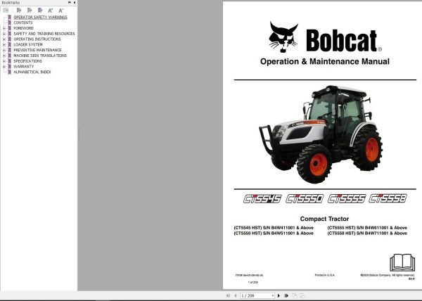 Bobcat Compact Tractor CT5545 CT5550 CT5555 CT5558 Operation and Maintenance Manual 7372813 2020