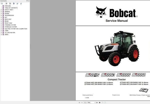 Bobcat Compact Tractor CT5545 CT5550 CT5555 CT5558 Service Manual 7372814 2020