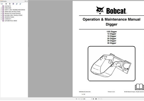 Bobcat Digger 12S 12 16 25 30 36 Operation and Maintenance Manual 6900948 09.2020