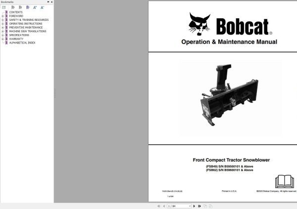 Bobcat Front Compact Tractor Snowblower FSB49 FSB62 Operation and Maintenance Manual 7420120 10.2020