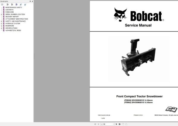 Bobcat Front Compact Tractor Snowblower FSB49 FSB62 Service Manual 7420121 10.2020