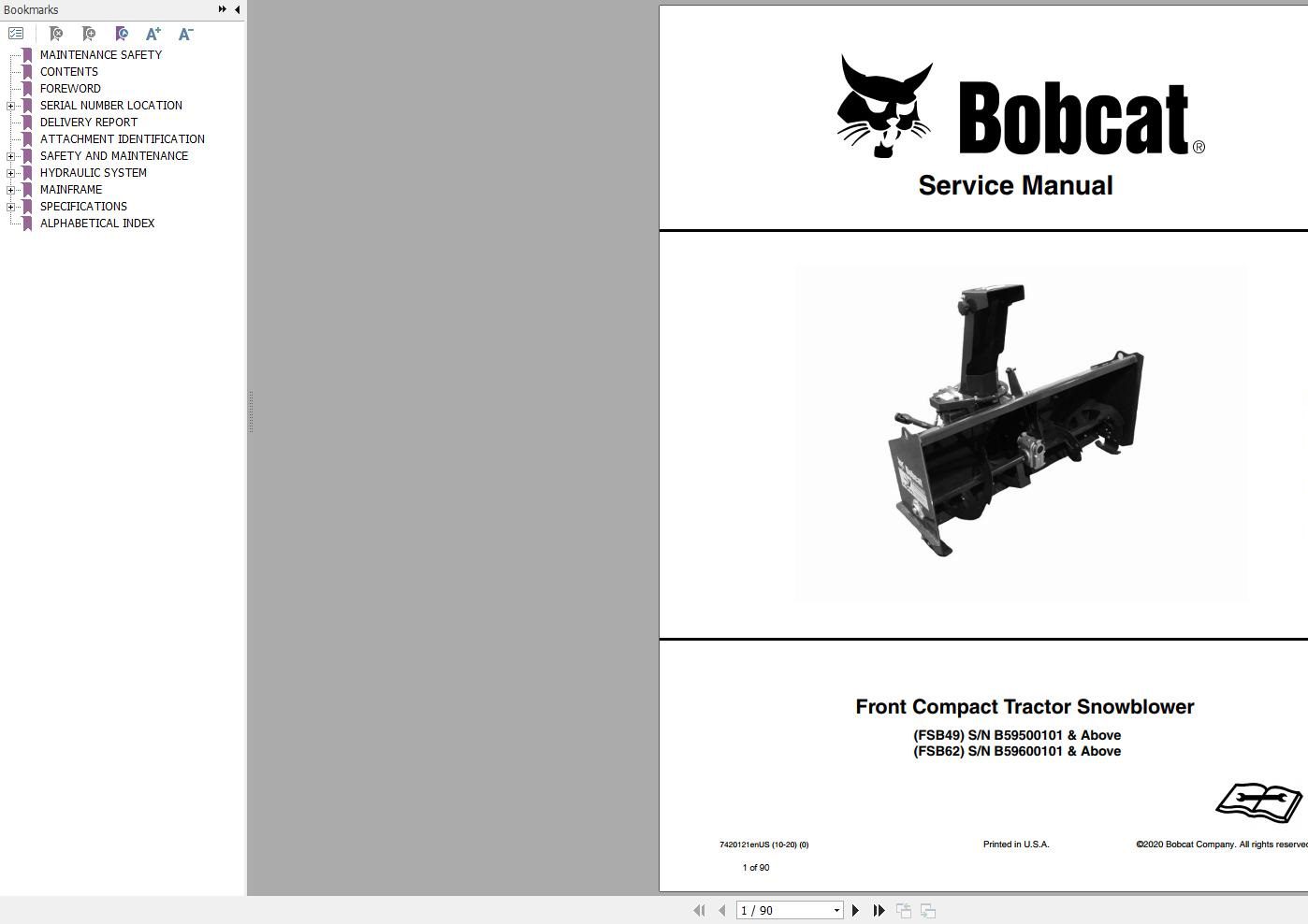 Bobcat Front Compact Tractor Snowblower FSB49 FSB62 Service Manual 7420121 10.2020