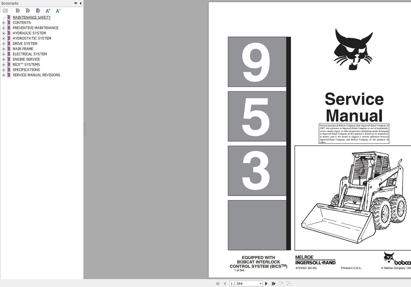 Bobcat Loader 953 Service Manual 6724352 2020