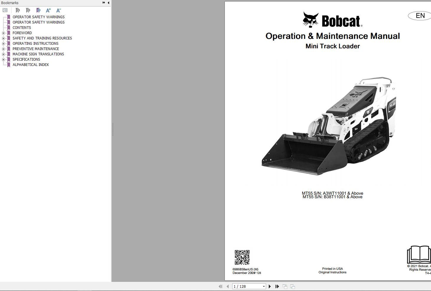 Bobcat Mini Track Loader MT55 Operation and Maintenance Manual 6986858 2020