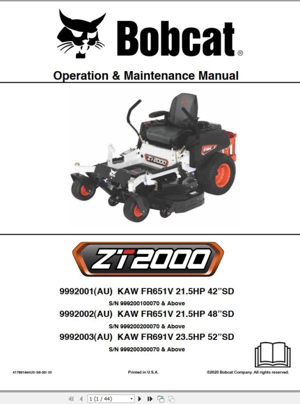 Bobcat Mower ZT2000 Operation and Maintenance Manual 4178914 2020