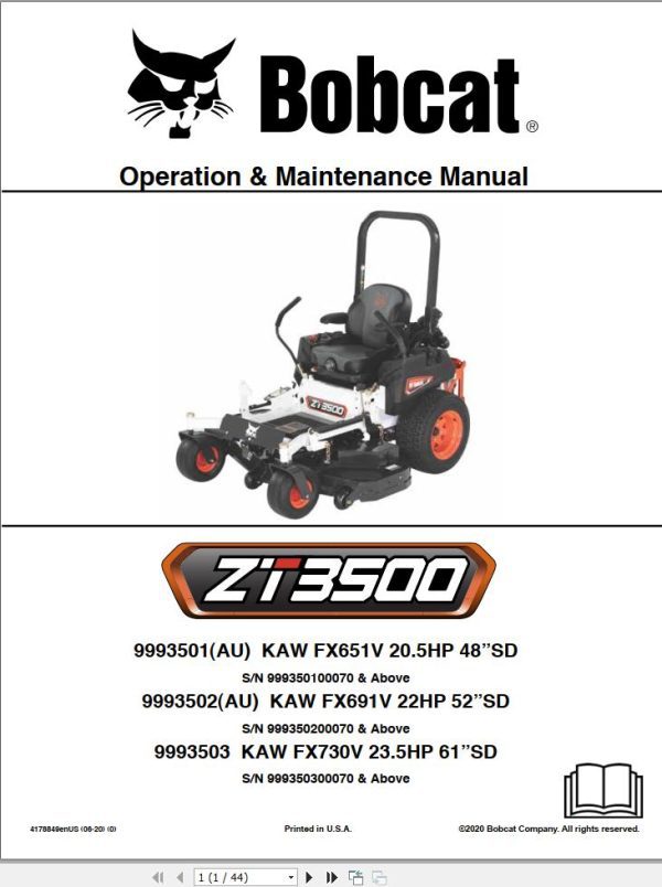 Bobcat Mower ZT3500 Operation and Maintenance Manual 4178849 2020