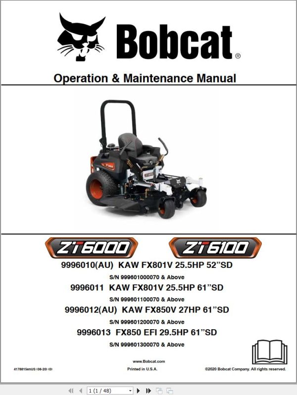 Bobcat Mower ZT6000 ZT6100 Operation and Maintenance Manual 4178815 2020