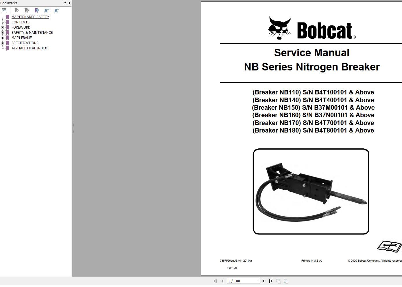 Bobcat Nitrogen Breaker NB110 to NB180 Service Manual 7357566 04.2020