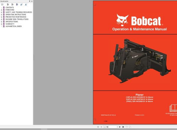 Bobcat Planer 18PLA 24PLA PNSL Operation and Maintenance Manual 6989704 07.2020