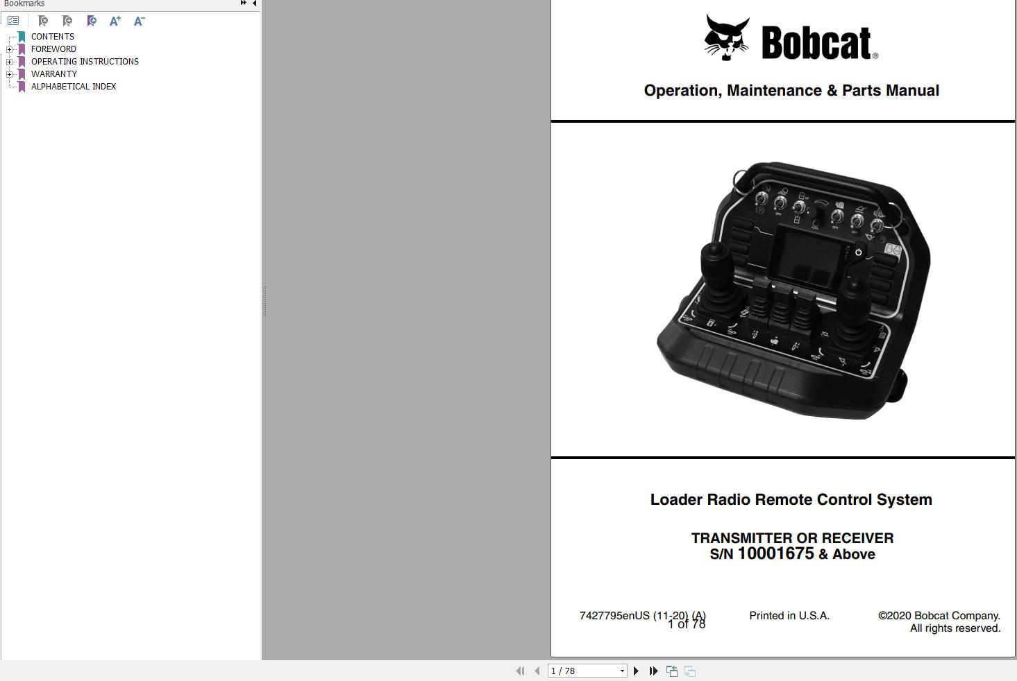 Bobcat Radio Remote Operation Maintenance and Parts Manual 7427795 enUS 11.2020