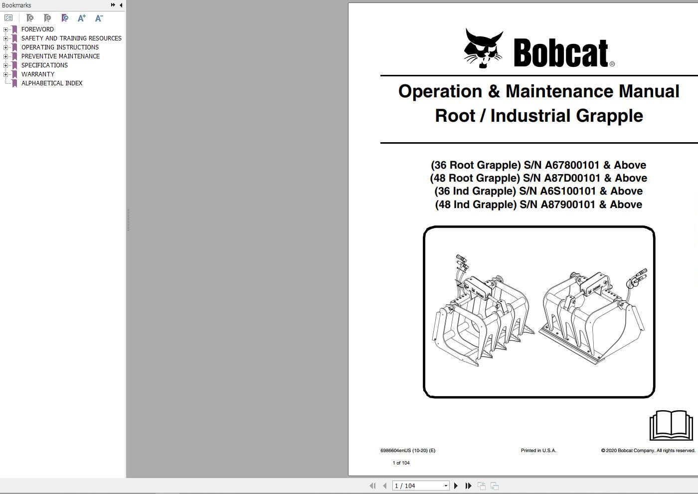 Bobcat Root Indutrial Grapple 36 48 Operation and Maintenance Manual 6986604 10.2020