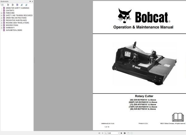 Bobcat Rotary Cutter 66 66HF 72 72HF 80 Operation and Maintenance Manual 6990844 01.2021