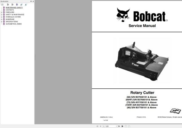 Bobcat Rotary Cutter 66 66HF 72 72HF 80 Service Manual 6990870 11.2020