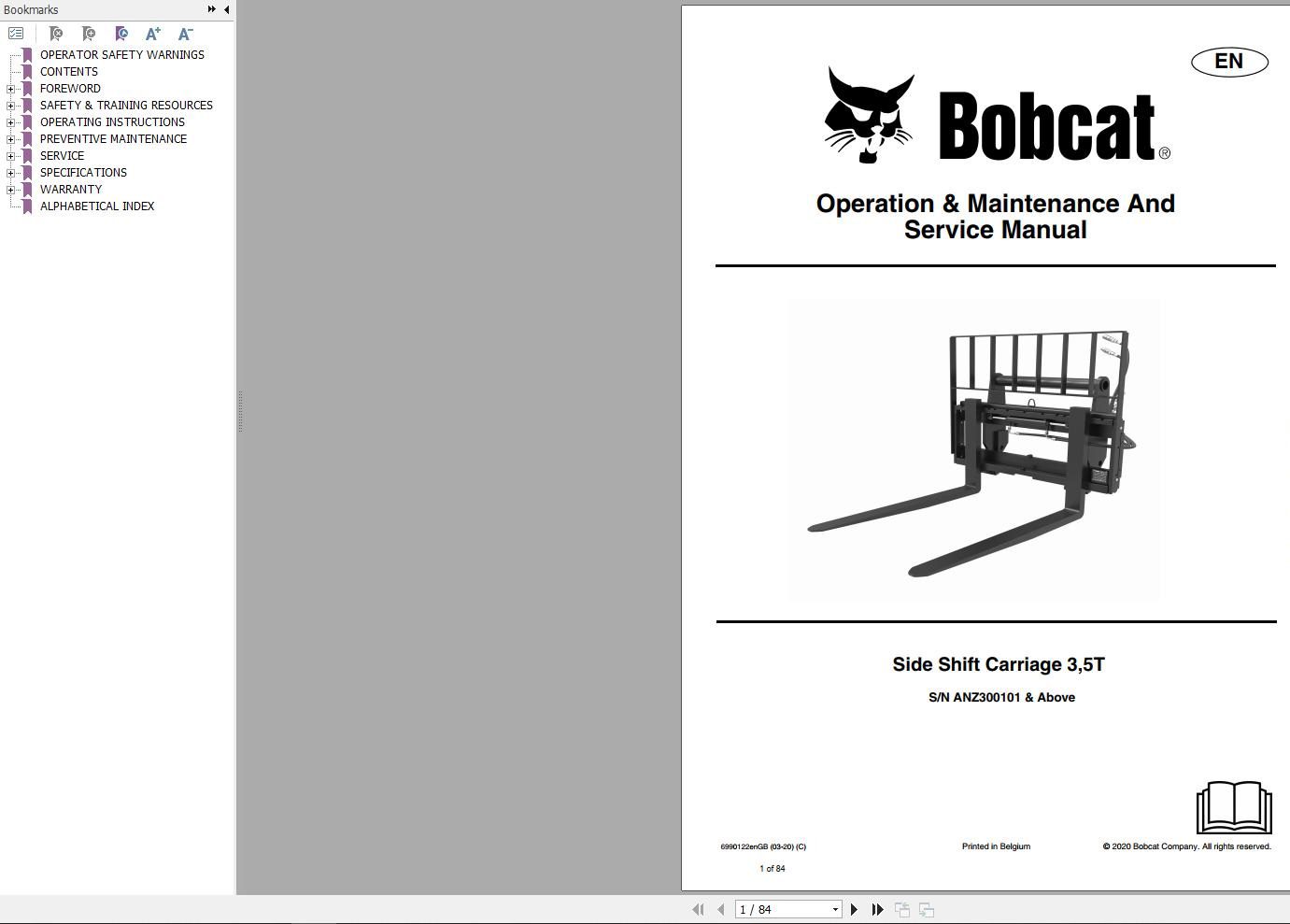 Bobcat Side Shift Carriage 35T Operation and Maintenance Manual 6990122 03.2020