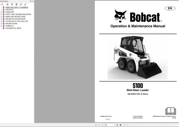Bobcat Skid Steer Loader S100 Operation and Maintenance Manual 7348238 2020