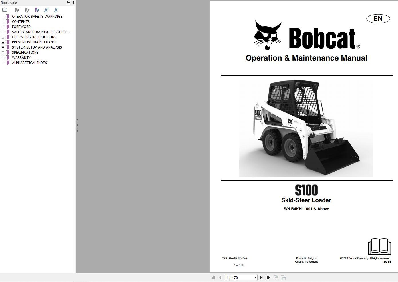 Bobcat Skid Steer Loader S100 Operation and Maintenance Manual 7348238 2020