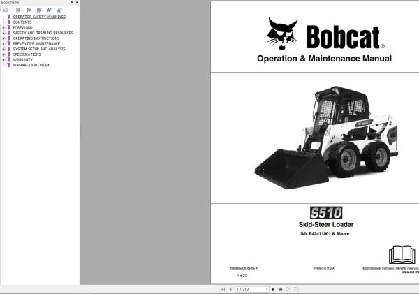 Bobcat Skid Steer Loader S510 Operation and Maintenance Manual 2020