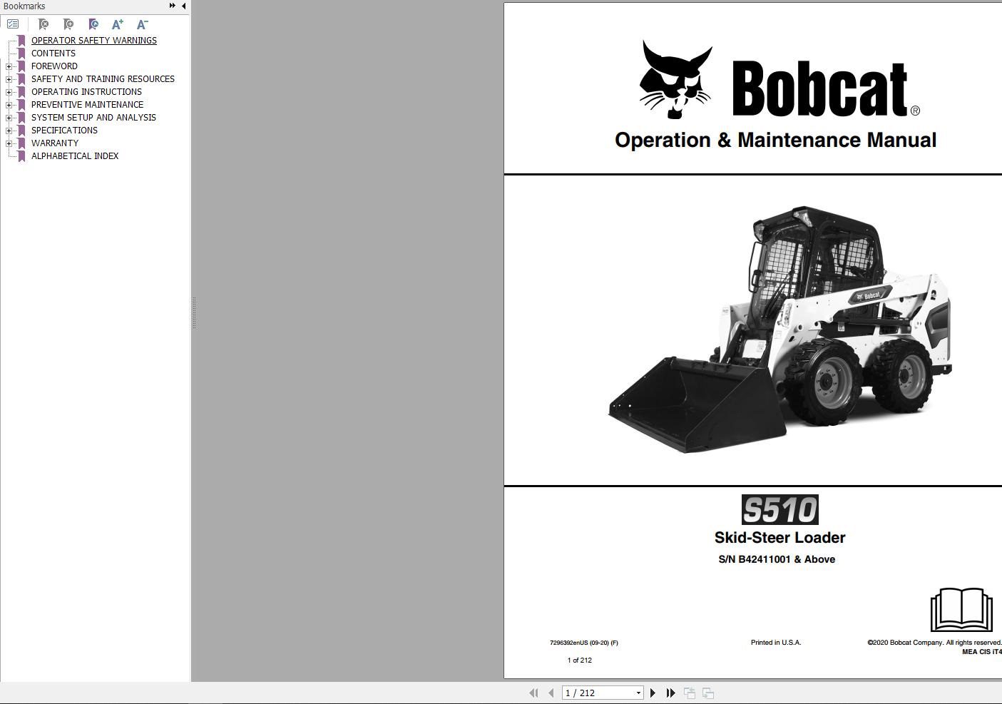 Bobcat Skid Steer Loader S510 Operation and Maintenance Manual 2020