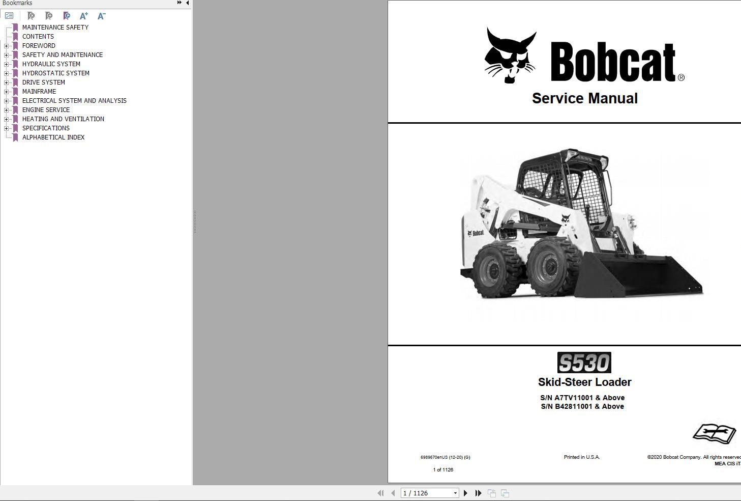 Bobcat Skid Steer Loader S530 Service Manual 2020