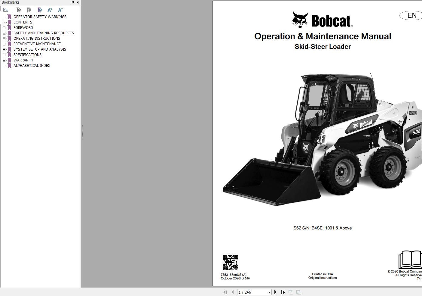 Bobcat Skid Steer Loader S62 Operation and Maintenance Manual 7353167 2020