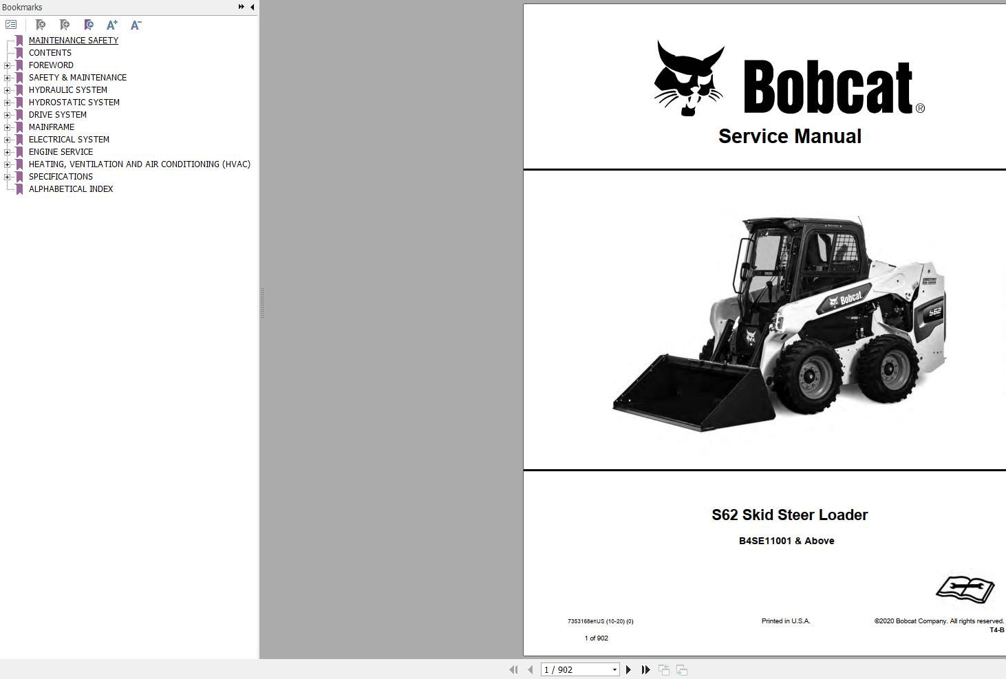 Bobcat Skid Steer Loader S62 Service Manual 7353168 2020